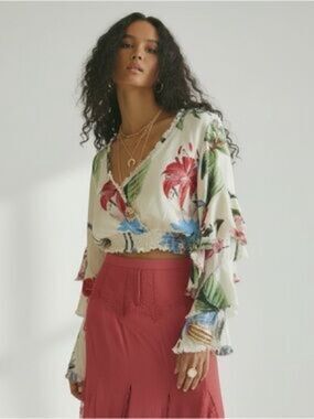 (A5) Z&L Women's Bohemian Floral Print Crop Top with Bell Sleeves, Size M